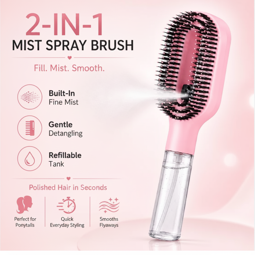 2-in-1 Spray Hair Brush | Natural Boar Bristles & High-Pressure Mist Nozzle