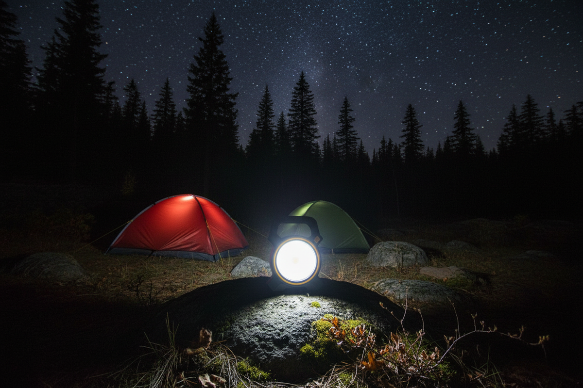 COB camping lantern glowing at night campsite – powerful bright light outdoors