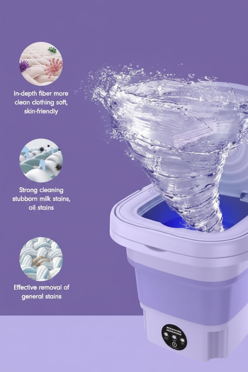 Purple foldable washing machine with water tornado – deep clean, stain removal, skin-friendly