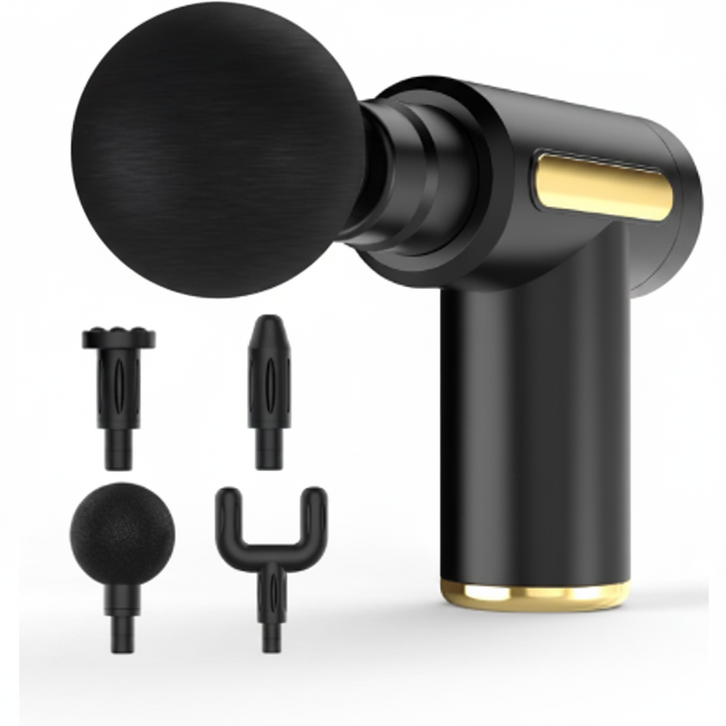 Compact black massage gun with 4 heads on white background – clean product shot