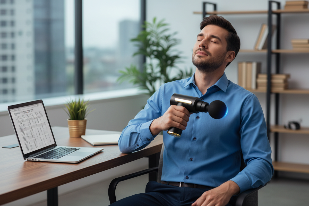Office worker using compact massage gun on neck at desk for instant relief