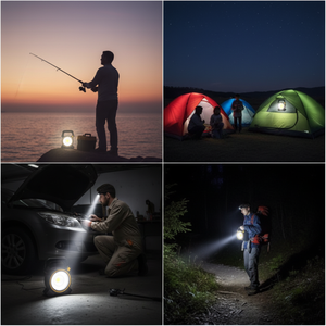 4-panel lifestyle collage – COB lantern used for fishing, camping, garage work, hiking
