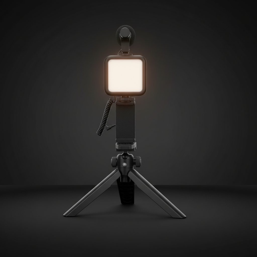 Assembled vlogging kit with glowing LED light on dark background