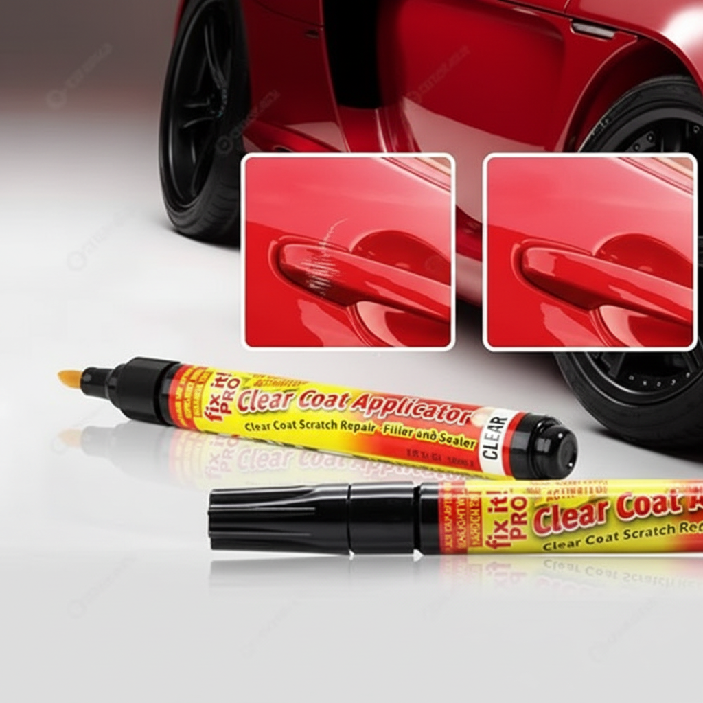 Two Fix it Pro pens with before and after scratch comparison on red car