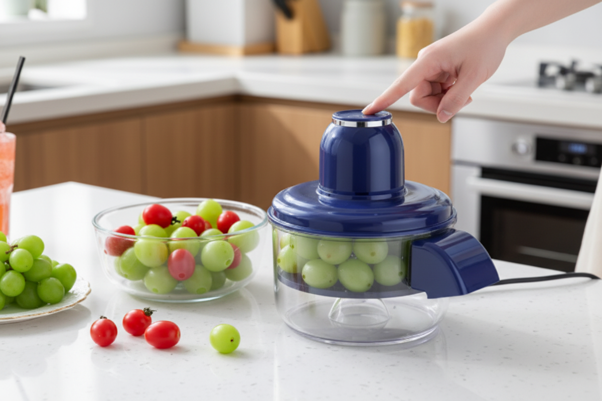Hand pressing button on electric peeler with perfectly peeled fruits in bowl