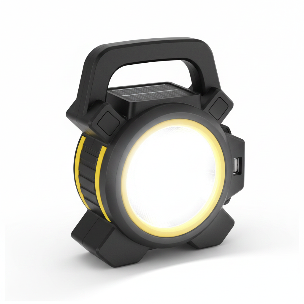 Black and yellow COB LED work light on white background – clean product shot