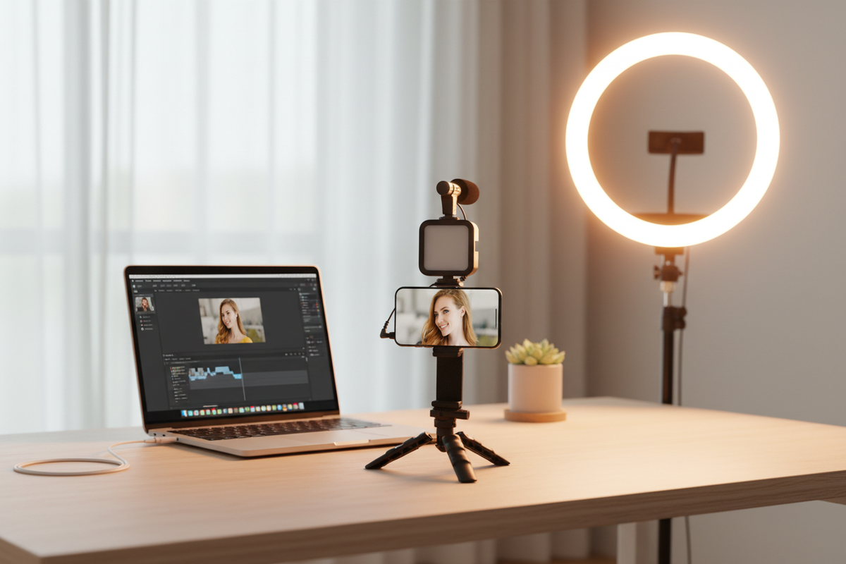 Vlogging kit on desk in home studio setup