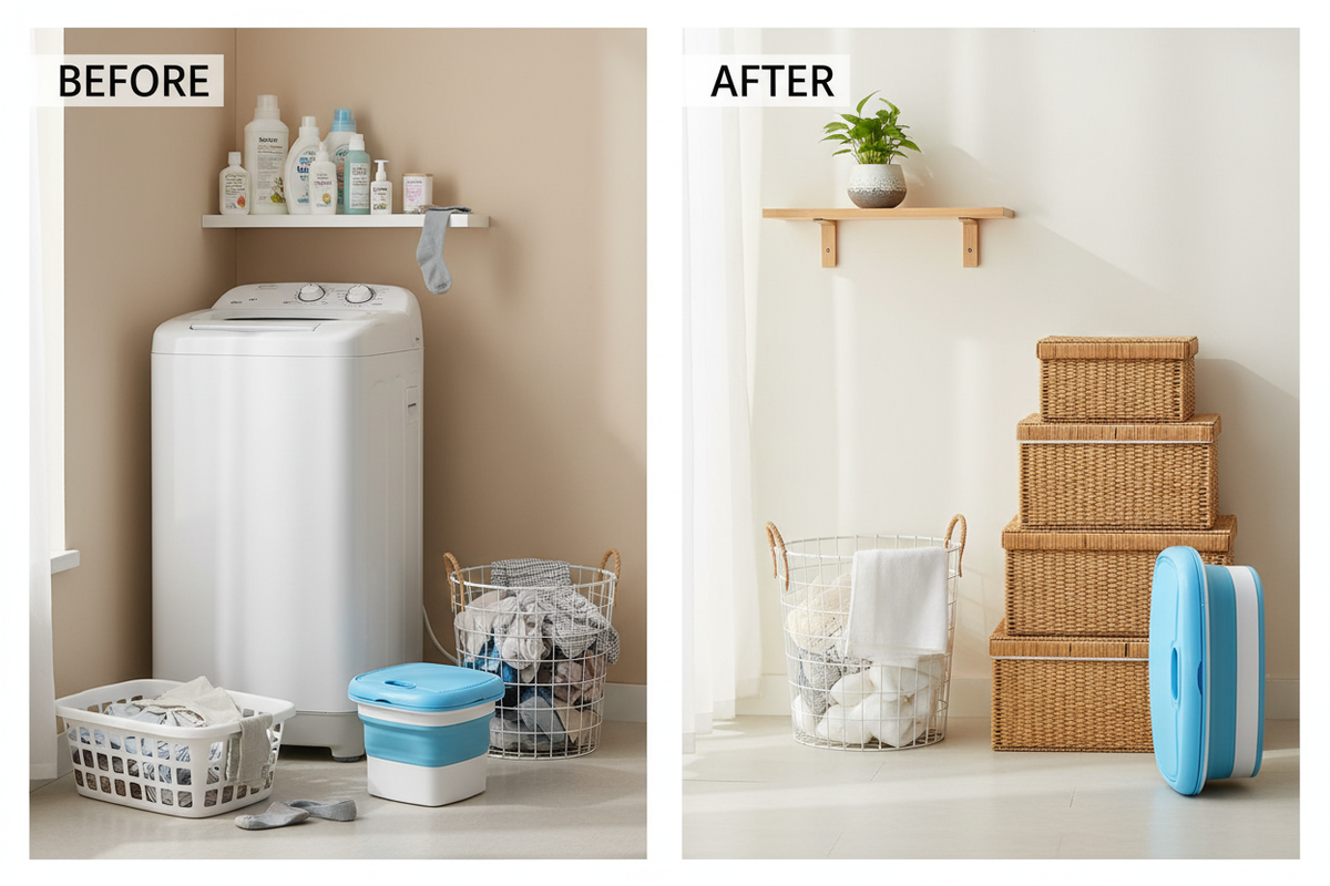 Before vs after – bulky washing machine vs compact foldable mini washer saving space