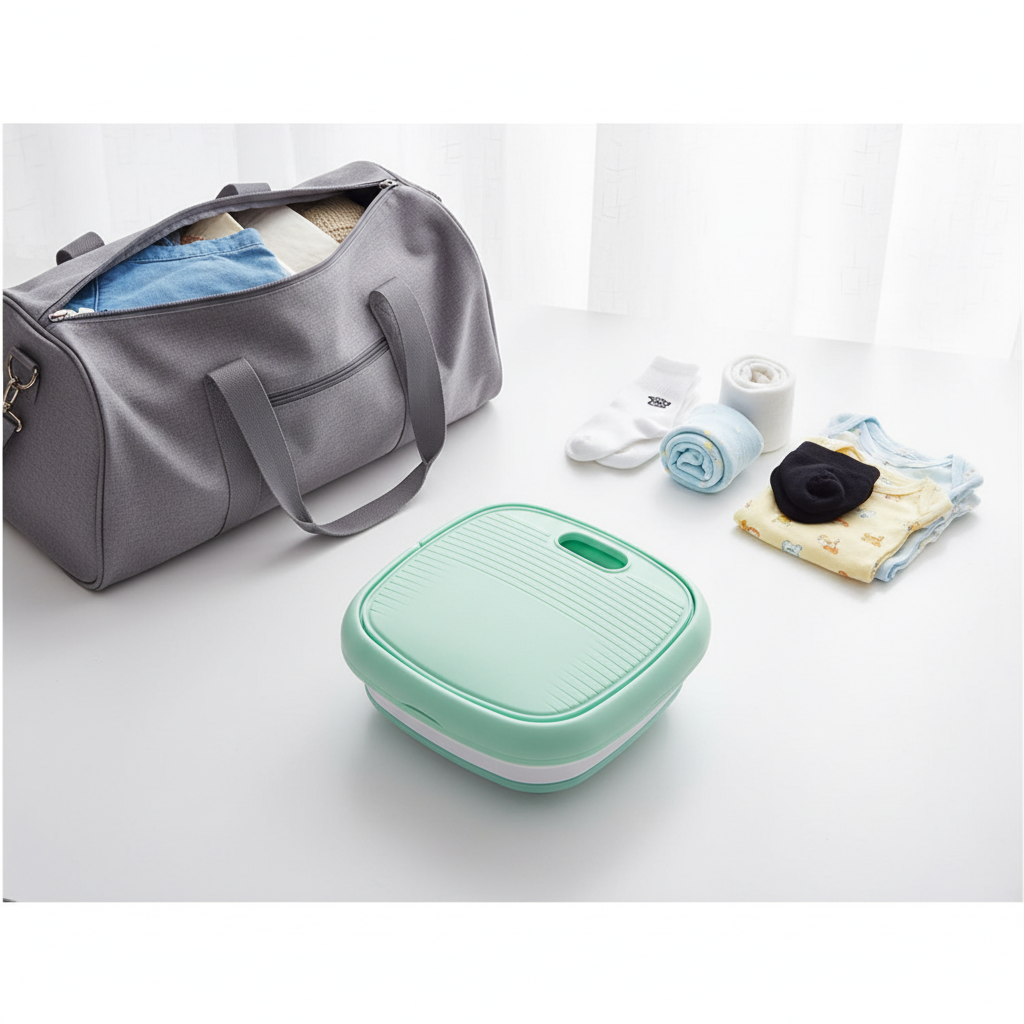 Foldable washing machine collapsed flat next to travel bag – portable and travel-friendly