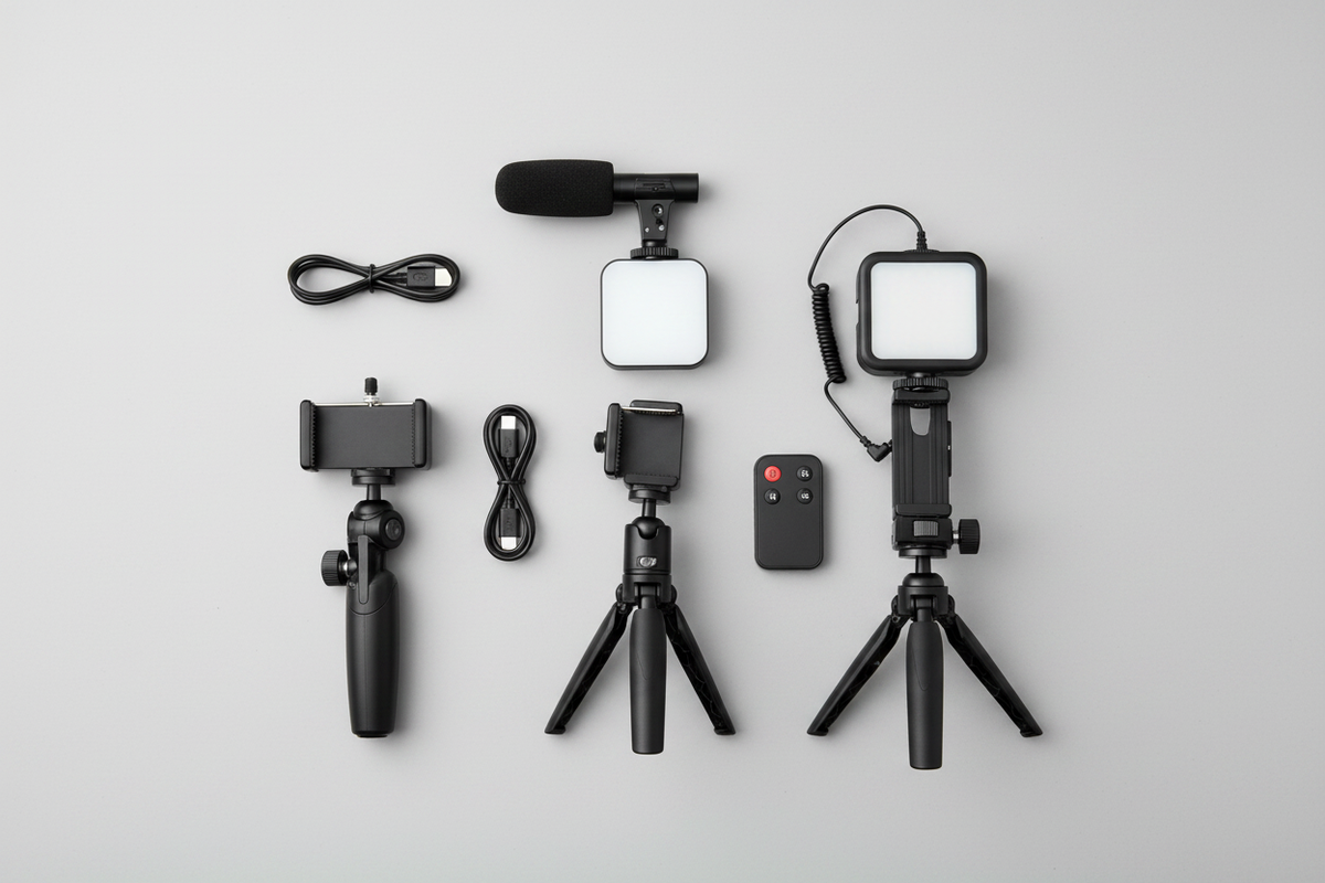 All vlogging kit components flat lay on grey surface