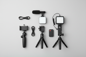 All vlogging kit components flat lay on grey surface