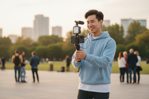 Content creator vlogging outdoors with handheld vlogging kit
