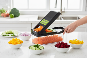 Person using vegetable slicer in bright kitchen with colorful chopped vegetables
