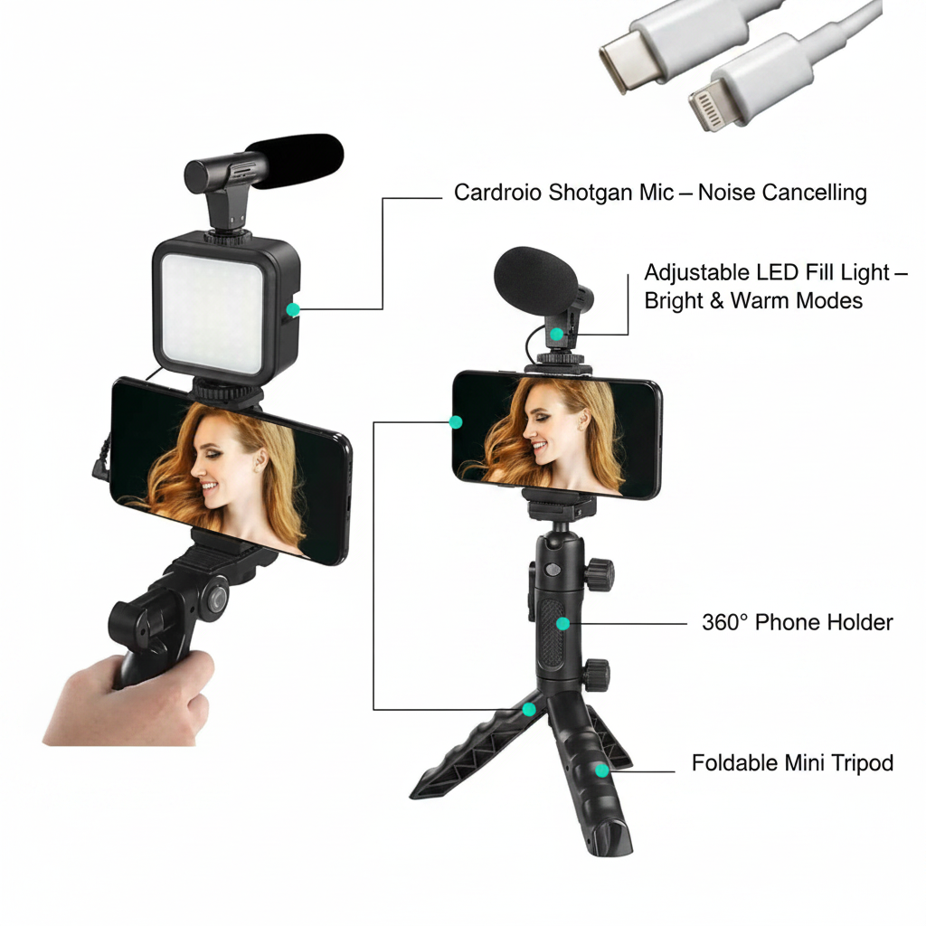 Vlogging kit feature callouts – mic, LED light, phone holder, tripod