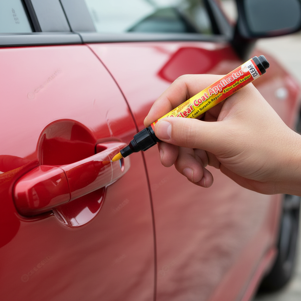 Hand applying Fix it Pro pen on red car scratch – close-up realistic shot