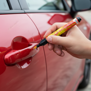 Hand applying Fix it Pro pen on red car scratch – close-up realistic shot