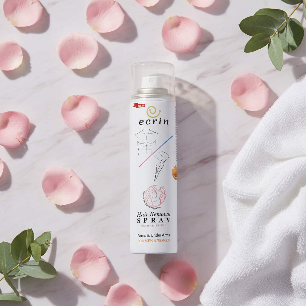 Ecrin hair removal spray flat lay with rose petals and towel on pink marble