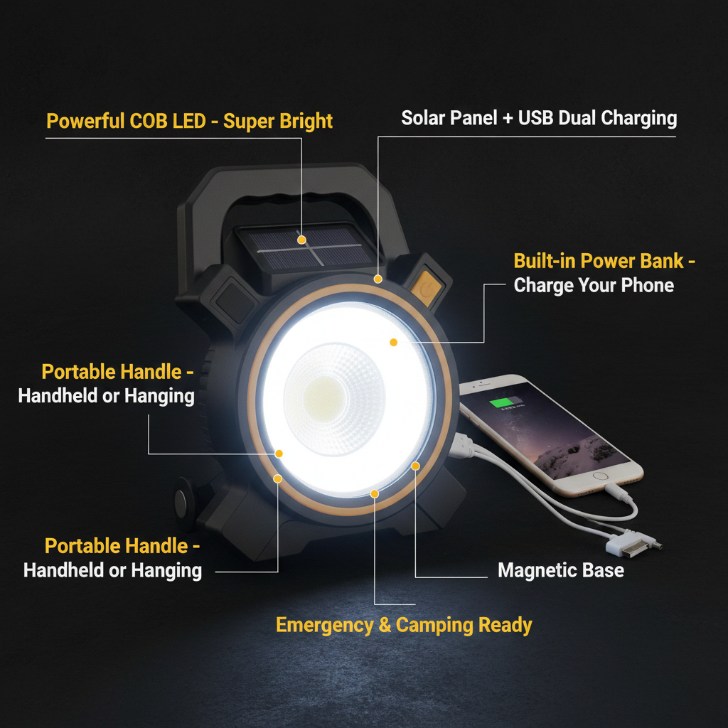 COB work light feature infographic – solar, USB, power bank, COB LED, portable handle
