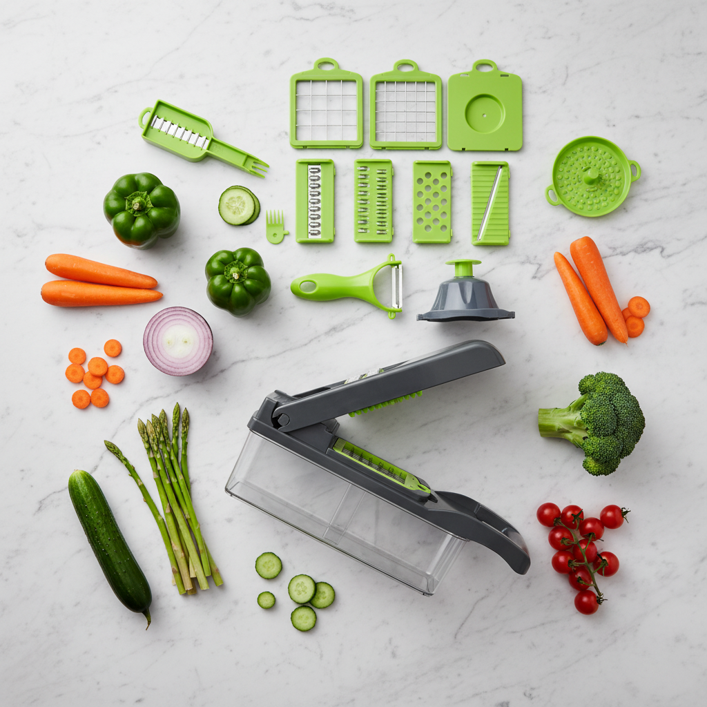 Flat lay of vegetable cutter with all blades and fresh vegetables on marble surface