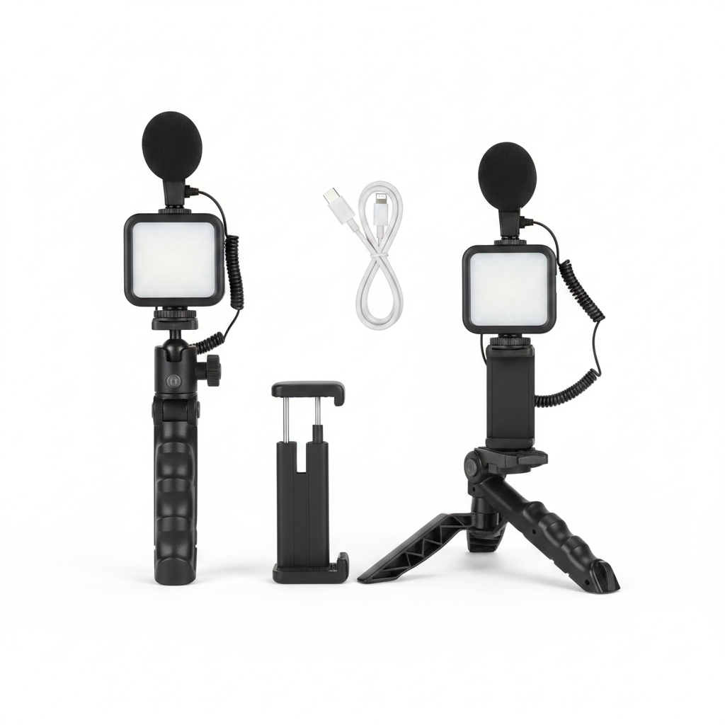 Vlogging kit flat lay on white background – tripod, LED light, mic and phone holder