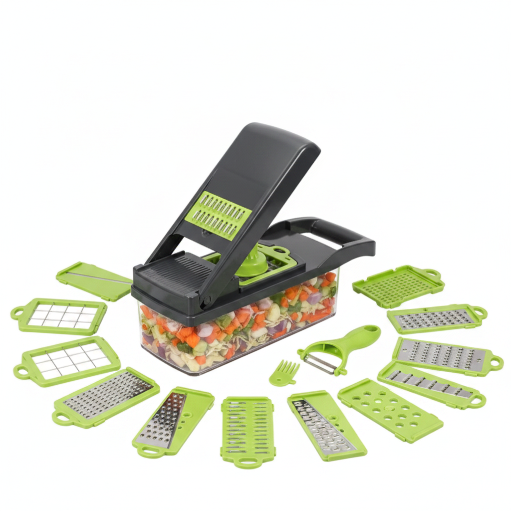 16-in-1 vegetable cutter full set on white background – all blades displayed