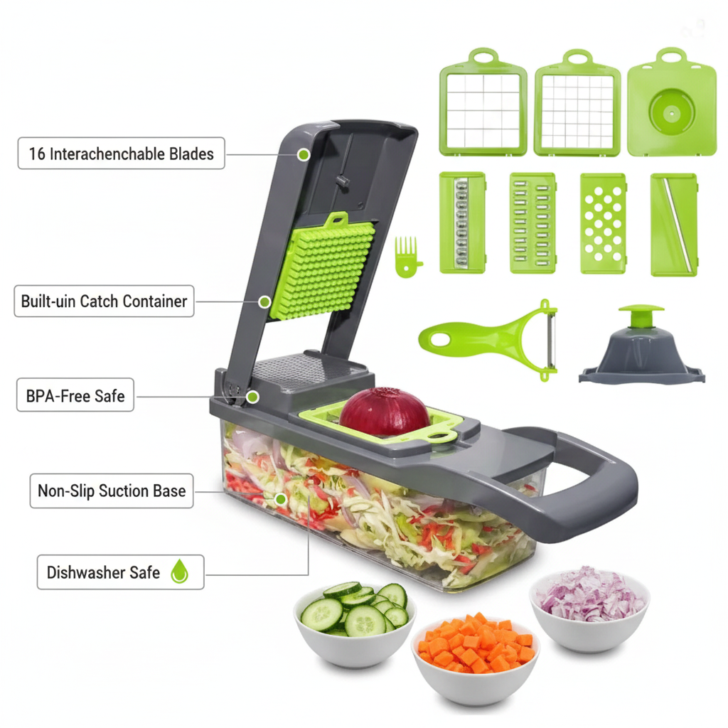 16-in-1 vegetable cutter feature callout infographic