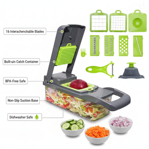 16-in-1 vegetable cutter feature callout infographic